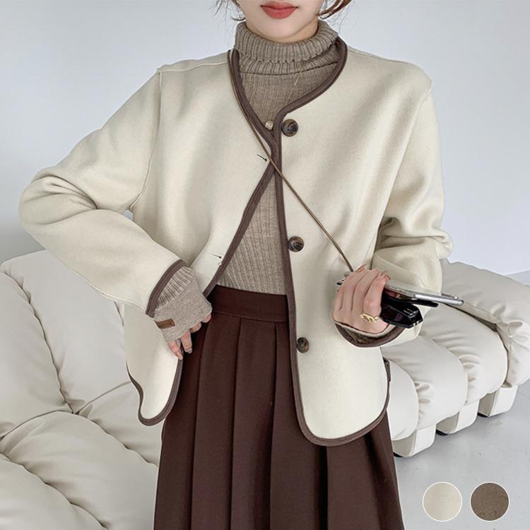 素晴らしい価格 フェミニン ゆったり 秋 春 エレガント ジャケット ショート丈 ノーカラー レディース コート おしゃれ 韓国 黒 白 アウター バイカラー カシミヤ ゆったり ノーカラーコート サイズ S
