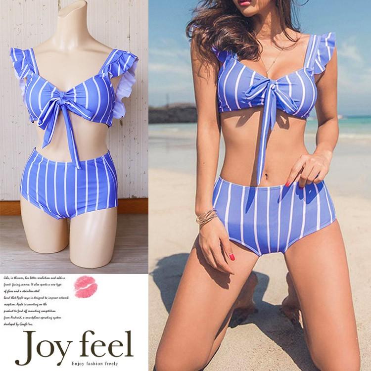 水着 ビキニ レディース ストライプ フリル かわいい 青 ハイウエスト Jo Mz 2391 海外ファッション Joyfeel 通販 Yahoo ショッピング