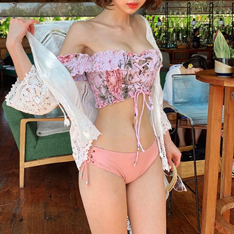 レディース 水着 ビキニ 花柄 オフショルダー ピンク シャーリング レースアップ 韓国 送料無料 Jo Mz 2619 海外ファッション Joyfeel 通販 Yahoo ショッピング