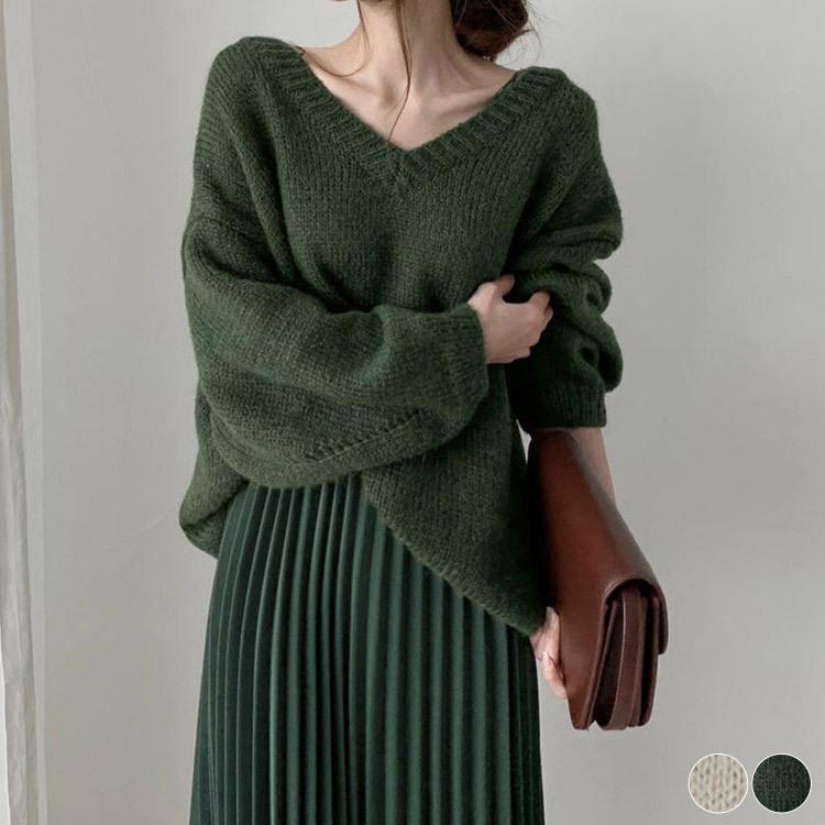 セーター レディース おおきめ ゆったり オーバーサイズ Vネック ルーズ くすみカラー グリーン 緑 ベージュ 韓国ファッション Jo Nt 3452 海外ファッション Joyfeel 通販 Yahoo ショッピング