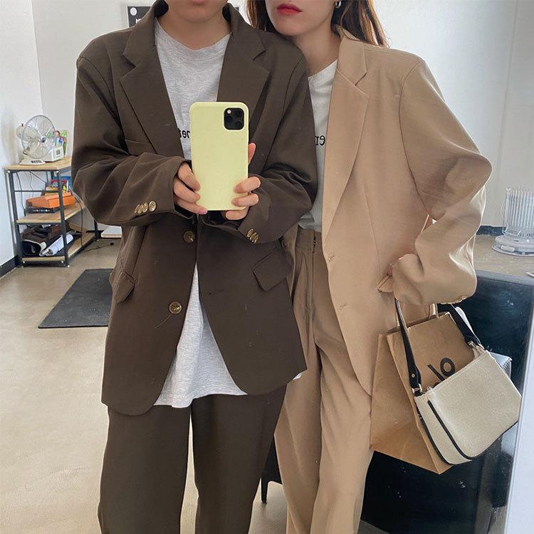 直営ストア パンツスーツ レディース カジュアル ゆったり オーバーサイズ レトロ ジャケット ベージュ セットアップ ブラウン ワイドパンツ 韓国ファッション