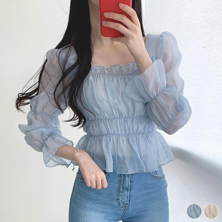 ブラウス レディース ギャザー シフォン 透け感 シアー 長袖 フリル スクエアネック 夏 青 ベージュ 韓国ファッション メール便送料無料 Jo Tb 3087 海外ファッション Joyfeel 通販 Yahoo ショッピング