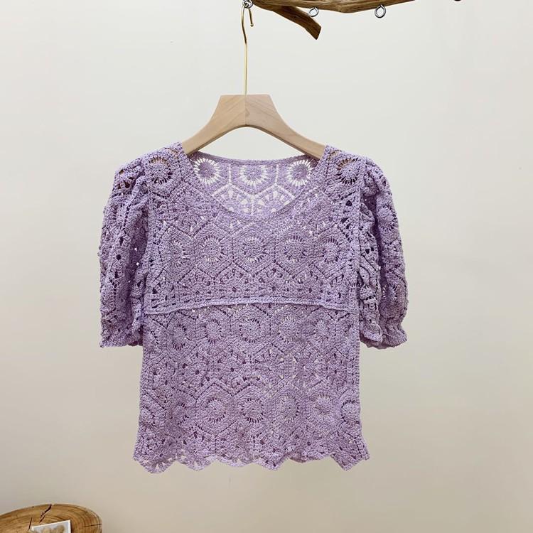 レース トップス レディース 花柄 半袖 シースルー パフスリーブ クロシェ 夏 白 ベージュ 紫 ピンク 韓国ファッション メール便送料無料 Jo Tt 3117 海外ファッション Joyfeel 通販 Yahoo ショッピング