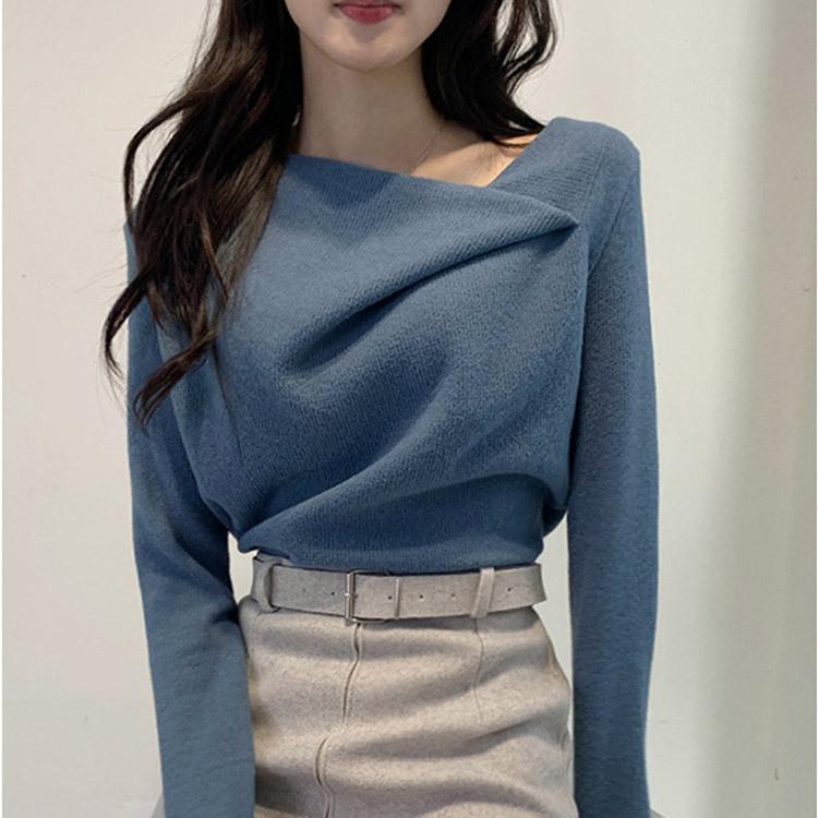 長袖 シャツ ニット レディース スラッシュドネック エレガント アシンメトリー ふんわり ｔシャツ 白 青 韓国ファッション メール便送料無料 Jo Tt 3324 海外ファッション Joyfeel 通販 Yahoo ショッピング