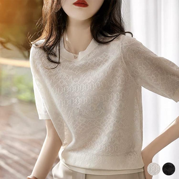 トップス レディース Tシャツ 半袖 すけ感 クルーネック ジャガード 柄 模様 エレガント きれいめ シアーtシャツ 春 夏 おしゃれ 通勤 Ol 薄手 白 黒 韓国 Jo Tt 4107 海外ファッション Joyfeel 通販 Yahoo ショッピング