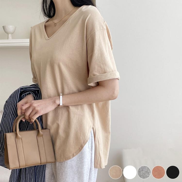 Tシャツ レディース トップス 半袖 長め Vネック 5分袖 夏 春 無地 セミロング丈 エレガント おしゃれ サイドスリット 韓国 Jo Tt 4219 海外ファッション Joyfeel 通販 Yahoo ショッピング