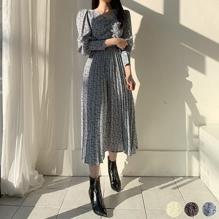 ワンピース 花柄 レディース 長袖 小花柄 Vネック ロングワンピース ミモレ丈 プリーツスカート 青 黒 イエロー 韓国 メール便送料無料 Jo Wn 3003 海外ファッション Joyfeel 通販 Yahoo ショッピング