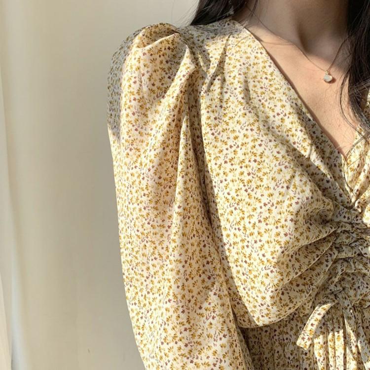 ワンピース 花柄 レディース 長袖 小花柄 Vネック ロングワンピース ミモレ丈 プリーツスカート 青 黒 イエロー 韓国 メール便送料無料 Jo Wn 3003 海外ファッション Joyfeel 通販 Yahoo ショッピング