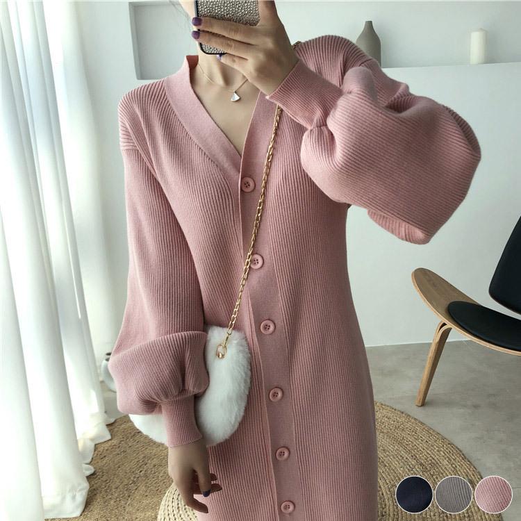 ワンピース ニット ニット ニットワンピース レディース バルーンスリーブ リブニット フロントボタン ゆったり ピンク グレー 黒 韓国ファッション Jo Wn 3436 海外ファッション Joyfeel 通販 Yahoo ショッピング