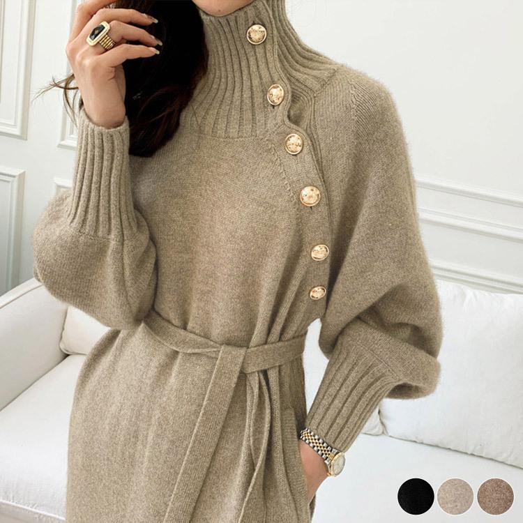 ニットワンピース レディース ワンピース ニット ハイネック ボタン エレガント おしゃれ 秋冬 冬 黒 ベージュ ブラウン 韓国ファッション Jo Wn 3459 海外ファッション Joyfeel 通販 Yahoo ショッピング