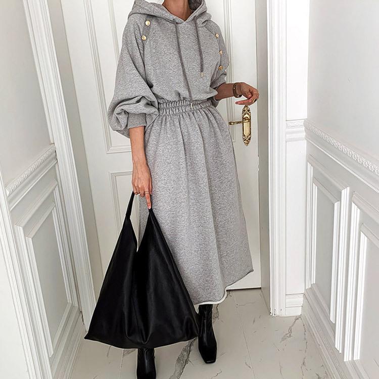 スエットワンピース レディース スエット ワンピース ロングワンピース フード付き ゴールド ボタン 春 秋 冬 韓国ファッション Jo Wn 3491 海外ファッション Joyfeel 通販 Yahoo ショッピング