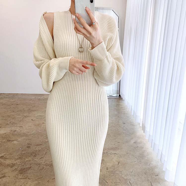 ワンピース カーディガン レディース ニット ノースリーブ ニットアップ リブニット リブ編み タイト ロングワンピース ショート丈 カーディガン セクシー 韓国 Jo Wn 3745 海外ファッション Joyfeel 通販 Yahoo ショッピング