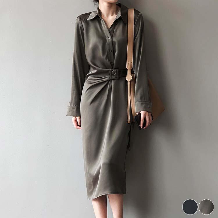ワンピース レディース サテン ロング丈 ロングワンピース 長袖 カーキ ブラック 秋 冬 黒 エレガント おしゃれ 韓国 メール便送料無料 Jo Wn 3757 海外ファッション Joyfeel 通販 Yahoo ショッピング