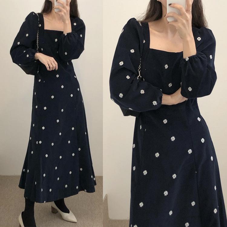 ワンピース レディース ロングワンピース ロング スクエアネック デイジー 柄 かわいい 花柄 パフスリーブ ネイビー 長袖 Aライン 春 秋 韓国 Jo Wn 4029 海外ファッション Joyfeel 通販 Yahoo ショッピング