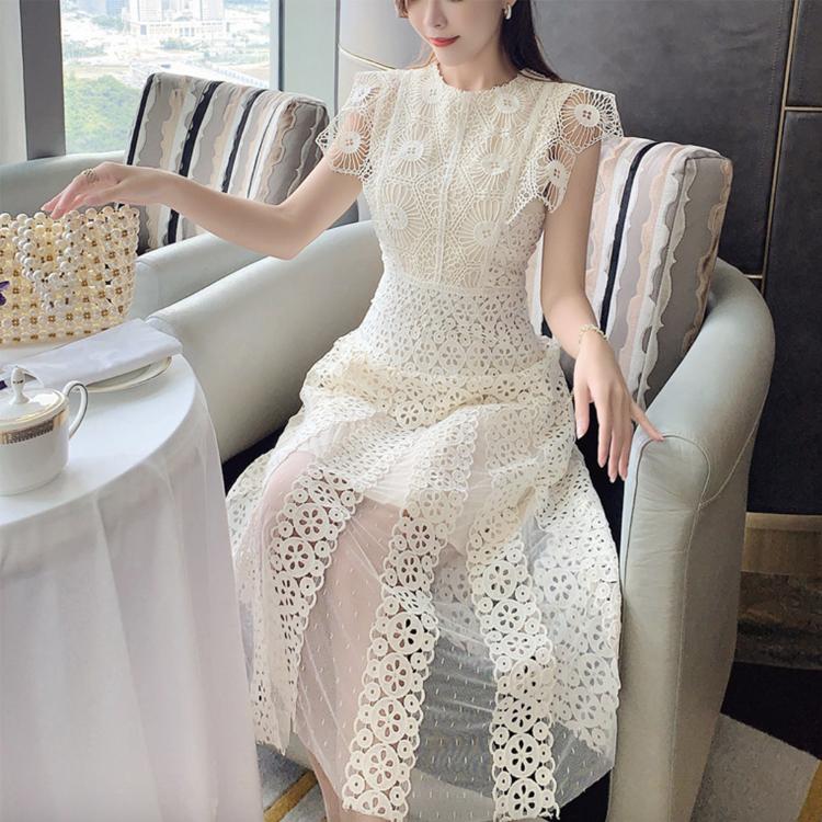 パーティードレス レディース ワンピース ドレス レース 刺繍 シースルー ノースリーブ フレンチスリーブ 膝丈 ミモレ丈 結婚式 パーティー 2次会 ホワイト 白 62 Off