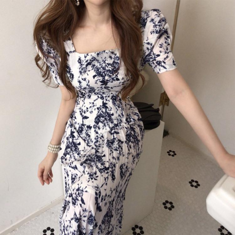 ワンピース レディース プリーツ 花柄 スクエアネック 柄 半袖 ロングワンピース 花柄ワンピース きれいめ エレガント パフスリーブ ロング丈 白 黒 韓国 Jo Wn 4092 海外ファッション Joyfeel 通販 Yahoo ショッピング