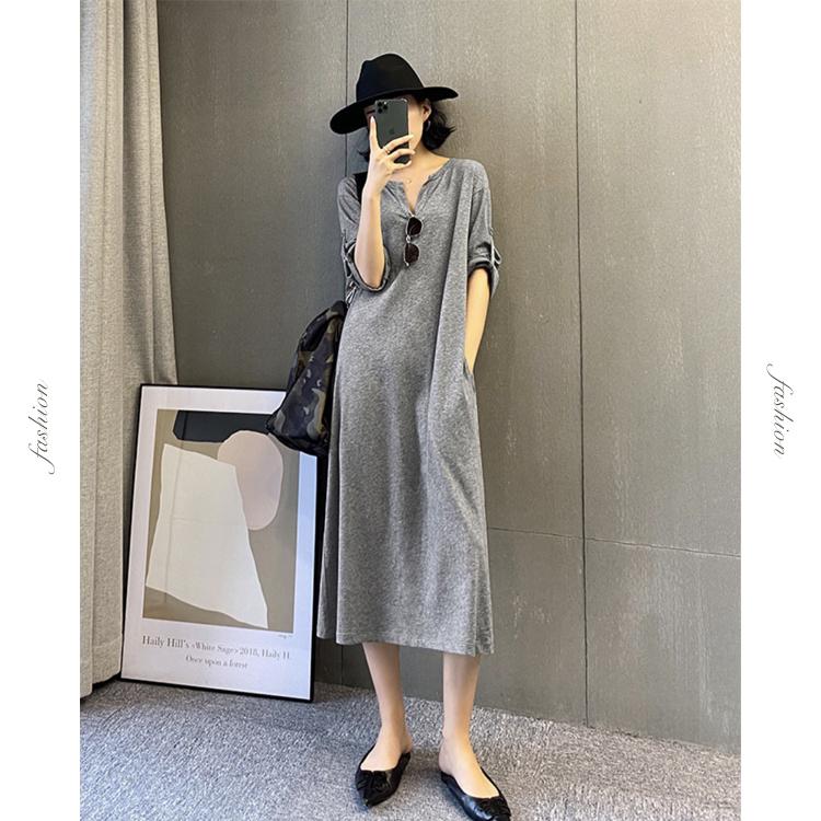 ワンピース レディース Tシャツ Tシャツワンピース ロングワンピース 春夏 春 夏 ロールアップ 7分袖 ゆったり ミモレ丈 カジュアル おしゃれ グレー 黒 韓国 Jo Wn 4165 海外ファッション Joyfeel 通販 Yahoo ショッピング