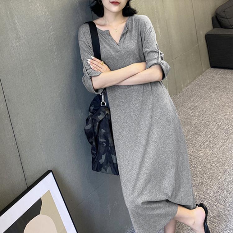 ワンピース レディース Tシャツ Tシャツワンピース ロングワンピース 春夏 春 夏 ロールアップ 7分袖 ゆったり ミモレ丈 カジュアル おしゃれ グレー 黒 韓国 Jo Wn 4165 海外ファッション Joyfeel 通販 Yahoo ショッピング