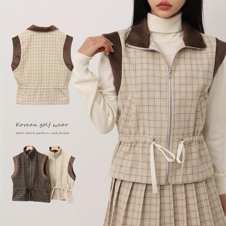 ゴルフウェア ベスト レディース 韓国 ジップアップ チェック 柄
