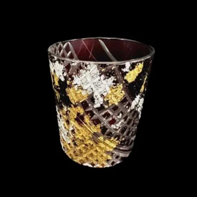 日本酒グラス 箔舞切子 280ml 約高さ9センチ ガラス食器 食洗機対応 塗り工房ふじい 箔舞切子 金箔 KR(G)-001 レッド色の画像