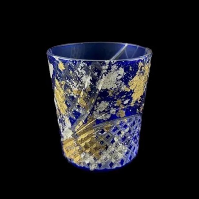 日本酒グラス 箔舞切子 280ml 約高さ9センチ ガラス食器 食洗機対応 塗り工房ふじい 箔舞切子 金箔 KR(G)-001 ブルー色の画像