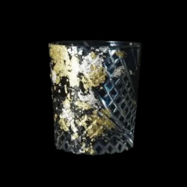 日本酒グラス 箔舞切子 280ml 約高さ9センチ ガラス食器 食洗機対応 塗り工房ふじい 箔舞切子 金箔 KR(G)-001 ダークブルー色の画像