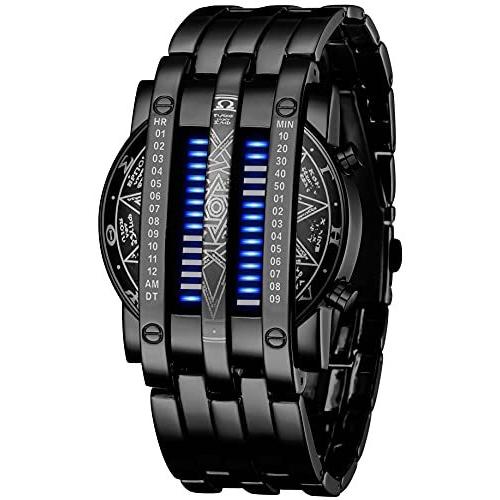 Binary Matrix ブルーLEDデジタル腕時計 メンズ クラシック クリエイティブ ファッション ブラックメッキ ブラックブルー ペアウォッチ