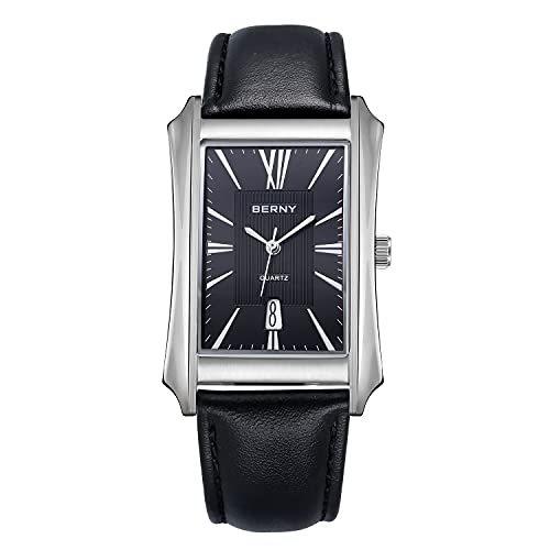 セール特別価格 Berny スクエアウォッチ メンズ カーブステンレススチールケース 本革バンド 日本製クォーツムーブメント クラシック ヴィンテージ 腕時計