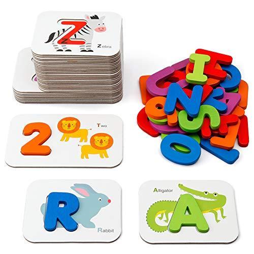 Coogam 数字とアルファベットフラッシュカードセット - ABC木製文字と数字 動物カードボード マッチングパズルゲーム モンテッソーリ 教育玩具 語学テキスト