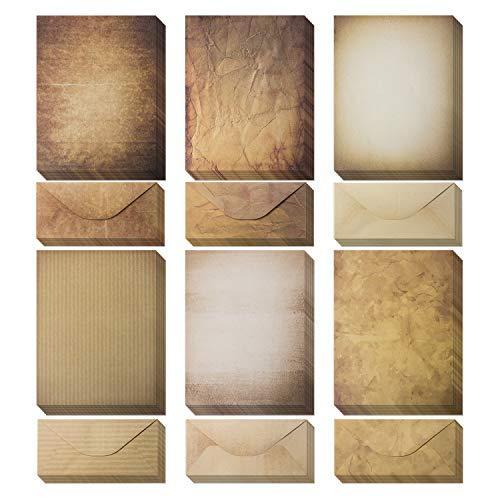 ヴィンテージ紙と封筒 - アンティーク調ペーパー60枚 & アンティークスタイル封筒60枚 - クラシックエイジドペーパーデザイン 6つのユニークなデ