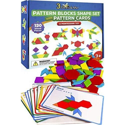 3 Bees & Me パターンブロック形状セット パターンカード付き モンテッソーリおもちゃ クラシック開発おもちゃ 130ピース