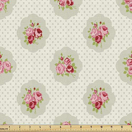 Lunarable Shabby Flora Fabric by The Yard, Polka Dotted Background with Rom