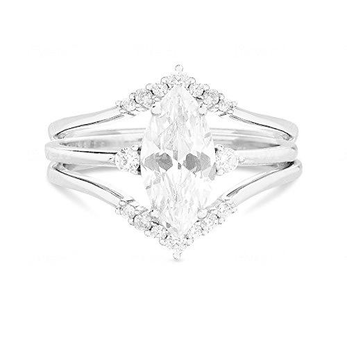 TwoBirch 925 Silver Marquise Three Ring Bridal Set with Three Stone Marquis