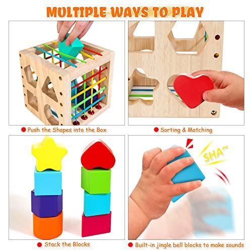 想像を超えての HELLOWOOD Montessori Toys for 1 Year Old， Wooden Sorter Cube with 8pcs Colo