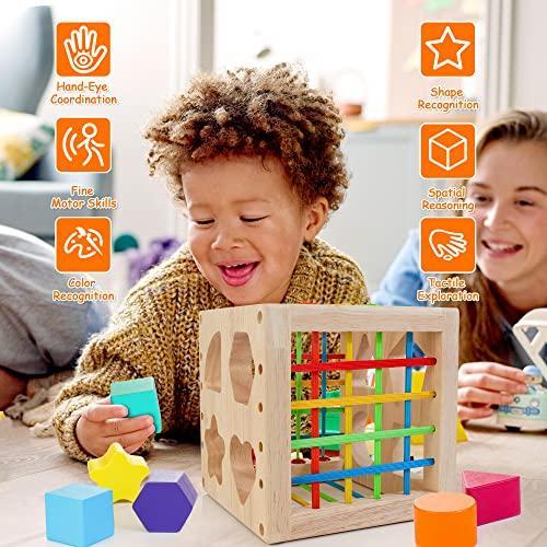 想像を超えての HELLOWOOD Montessori Toys for 1 Year Old， Wooden Sorter Cube with 8pcs Colo
