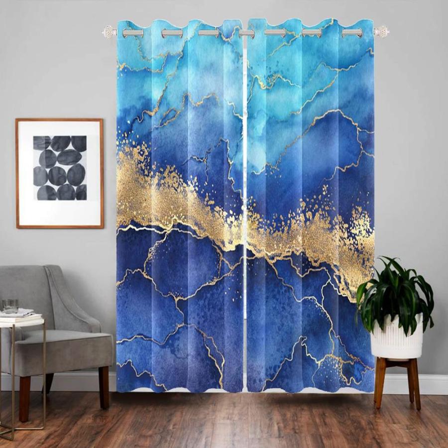 Baocicco　Blue　Abstract　Marble　Gold　Cracks　Fib　Marble　Pattern　Curtain　Panels