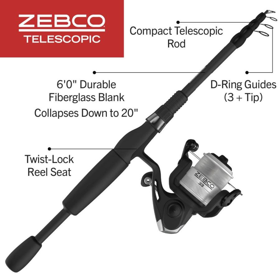 通販企業 Zebco 伸縮式スピニングリールと釣り竿コンボ 便利な伸縮ロッド プロスタイルハンドルグリップとクイックセットアンチリバースフィッシングリール マル