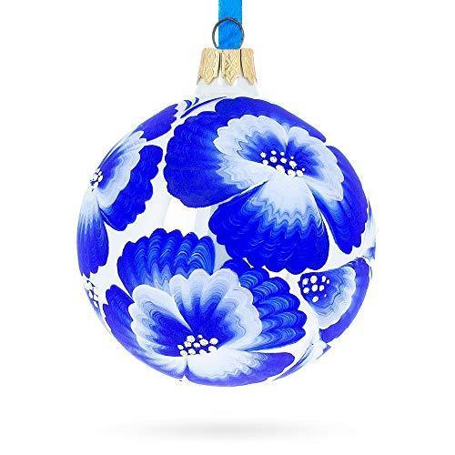 日本製 Elegant Pansies Flowers on White Blown Glass Ball Christmas Ornament 3.25 I