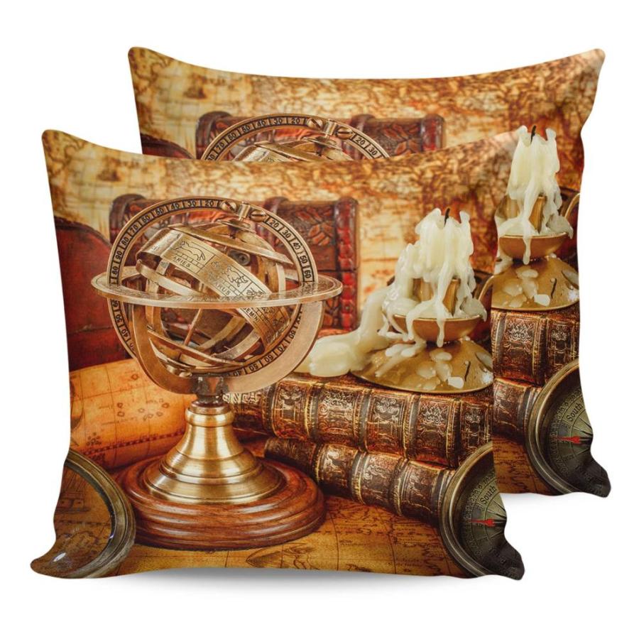 Pillow Covers 18x18 Inch Set of 2 Vintage Golden Globe Candle Compass Magni｜joyfullab｜02