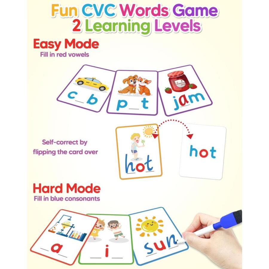 今日の特価 Gojmzo CVC Word Writing & Spelling Flash Cards， Preschool Learning Toddler