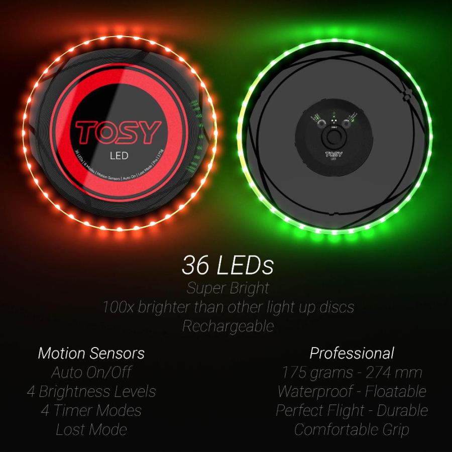 ブランドを選択する TOSY (トシー) 36個と360個のLED フライングディスク - 非常に明るい スマートモード 暗闇で光る 自動点灯 充電式 175g 誕生日や