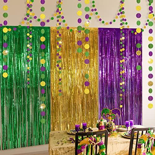 Cheerland Green Gold Purple Mardi Gras Backdrop Fat Tuesday Tinsel Foil Fri｜joyfullab｜03