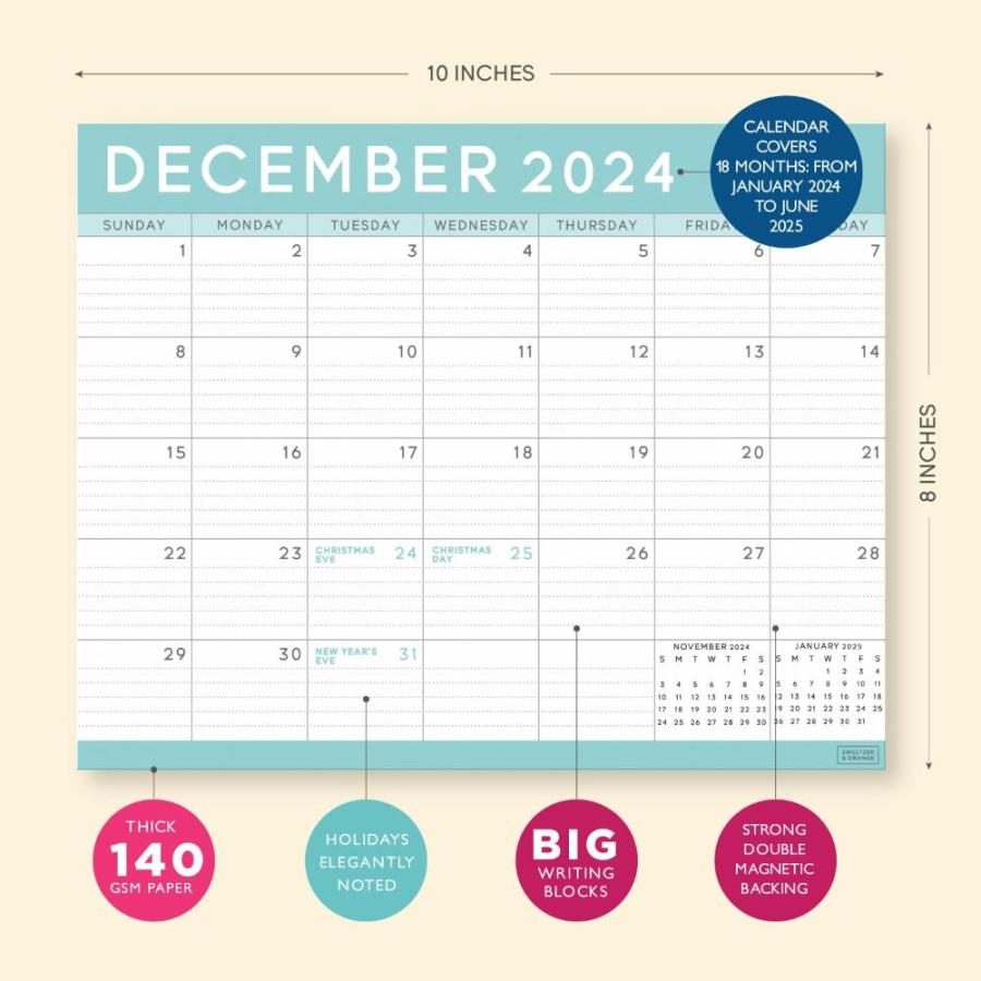 S&O ティール磁気冷蔵庫カレンダー 2024年1月~2025年6月~2025年6月~ イベントや予定の追跡に 18か月マグネットカレンダー 冷蔵庫用｜joyfullab｜02