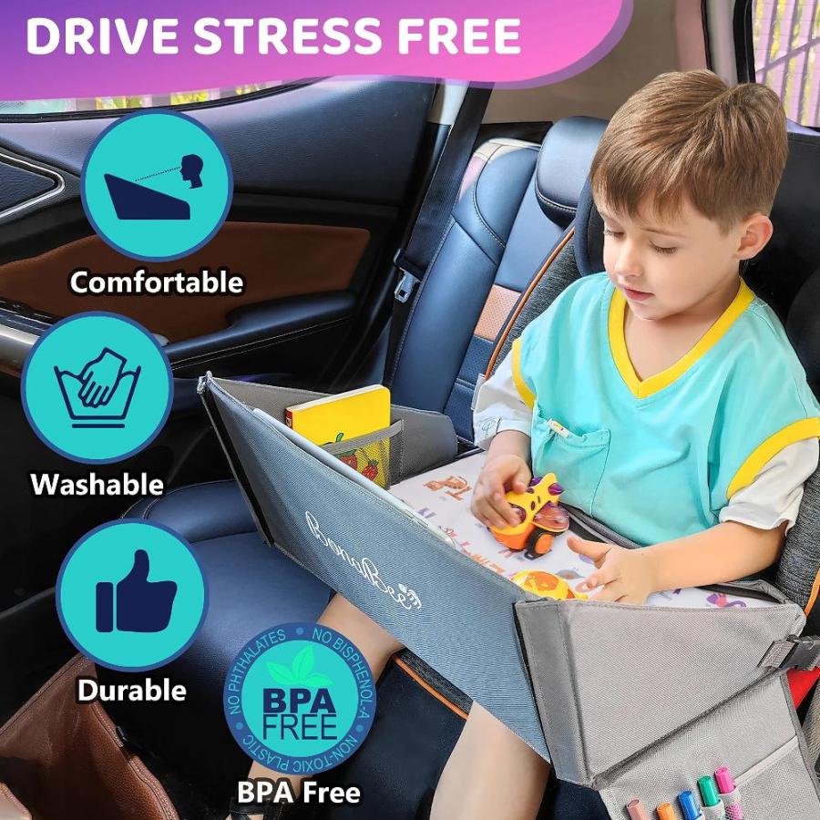 Kids Travel Tray for Car Seat with Dry Erase, Cup/iPad/Holder, 16x12 (Gray)｜joyfullab｜04