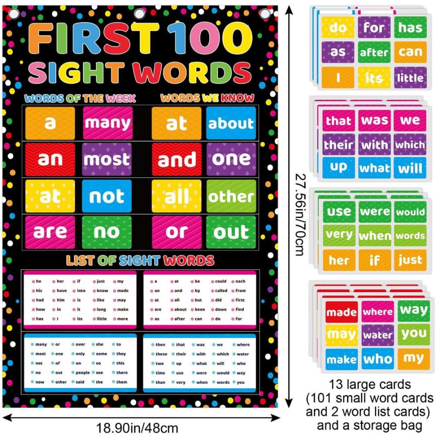 First 100 Sight Words ポケットチャート 小学生 就学前教育チャート 子供用 教材 ポケット10個付き ブラック 教材｜joyfullab｜02