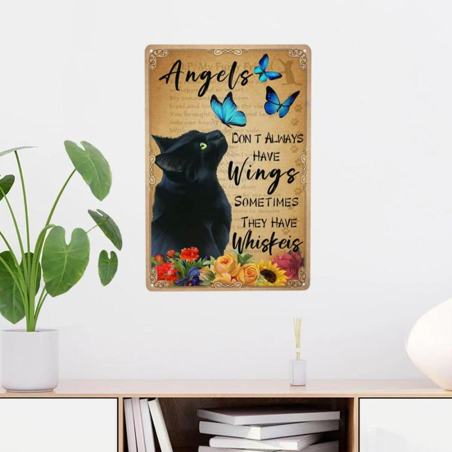 ヴィンテージ 黒猫 装飾 ブリキ看板 Angels Dont Always Have Wings Sometimes 【Pearls】 They Have