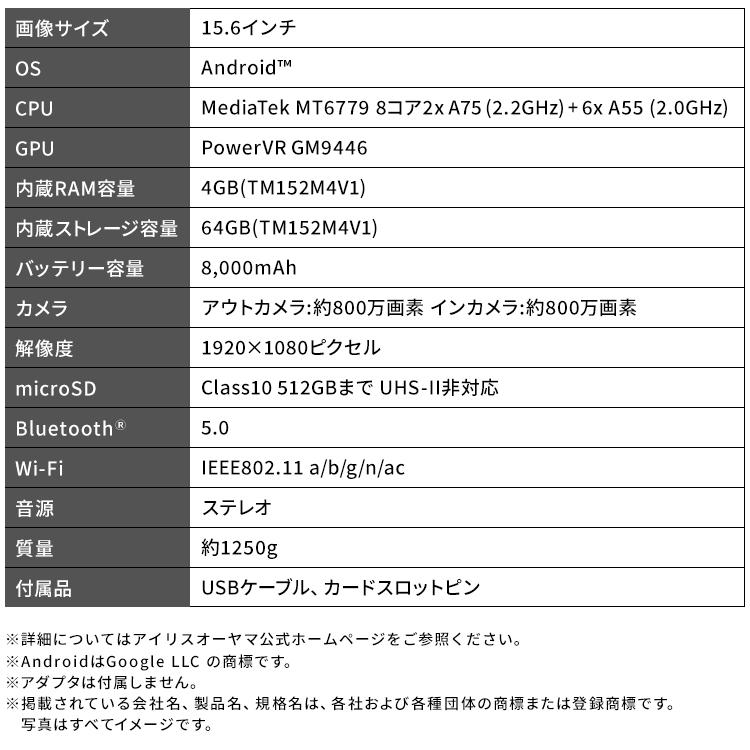 タブレットPC タブレット 15.6インチ タブレットpc 64gb 4gb LUCA tablet 1920×1080 タブレット アイリスオーヤマ ブラック TM152M4V1-B