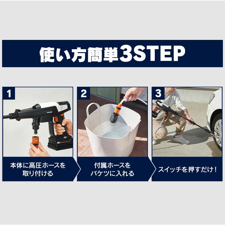 高圧洗浄機 充電式 コードレス アイリスオーヤマ 業務用 家庭用 ケース付き ハンディウォッシャー 洗車 バッテリー バケツ付き JHW-201＋RVバケツ RV-25B ◎｜joylight｜11