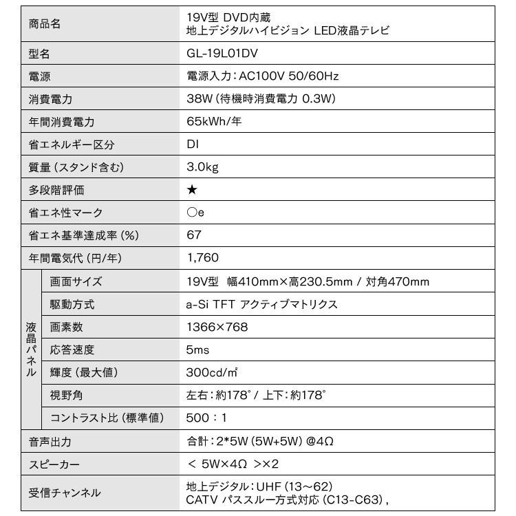 テレビ 19型 液晶テレビ 新品 19インチ 小型 DVDプレーヤー ハイビジョン 一人暮らし GL-19L01DV |  | 06