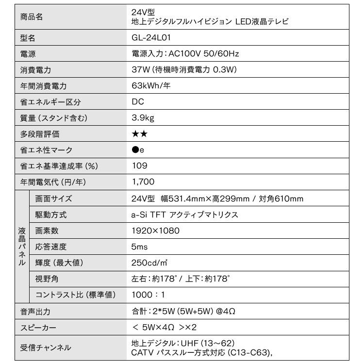 テレビ 24型 液晶テレビ 新品 24インチ 小型 フルハイビジョン 一人暮らし GL-24L01 |  | 07